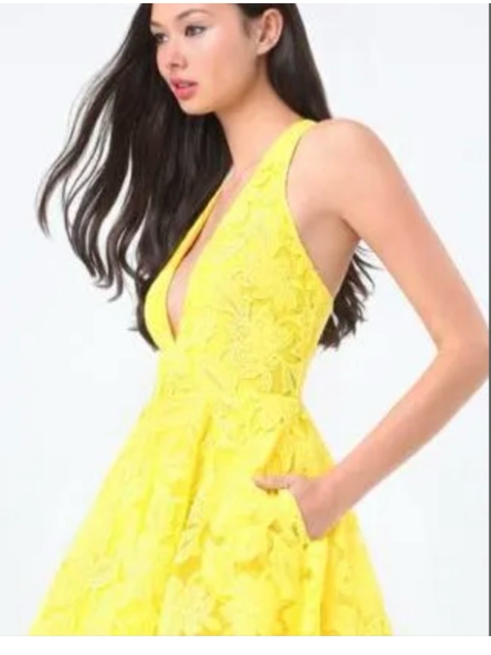 bebe Yellow Floral Lace V-Neck Fit-and-Flare Dress